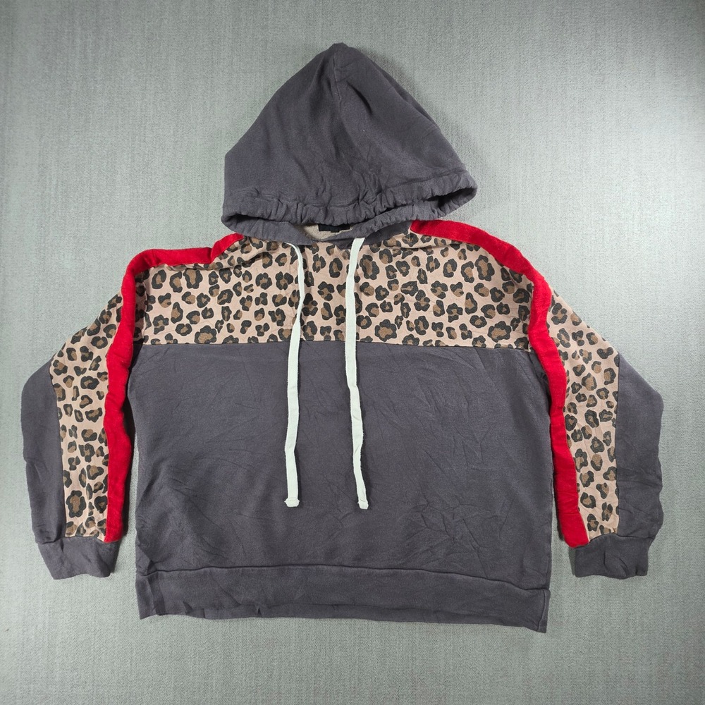 Monrow Hoodie Women Medium Grey Leopard Print Red Stripe Colorblock Pullover